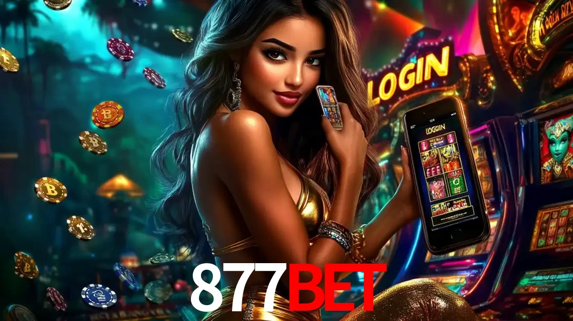 Mulher em um cenário de cassino temático de aventura, mostrando o app de caça-níqueis da 877bet no celular. Fichas de apostas flutuam ao redor.