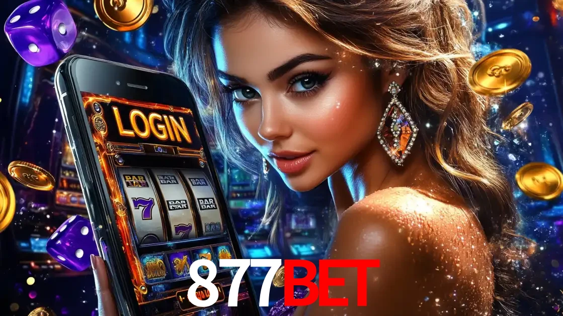 Mulher glamorosa segurando um smartphone com a tela de login para os jogos de caça-níqueis do cassino online 877bet, com moedas de ouro e dados ao redor.