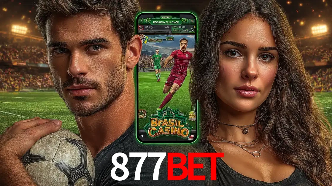 Homem segurando uma bola de futebol e uma mulher ao lado de um smartphone exibindo o jogo de apostas esportivas da 877bet. Faça seu palpite no cassino online.